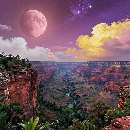 Digital artwork of a vibrant, fantastical Grand Canyon landscape with a large pink moon, starry purple sky, yellow clouds, and lush greenery in