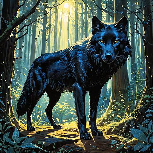 Black Wolf in Enchanted Forest