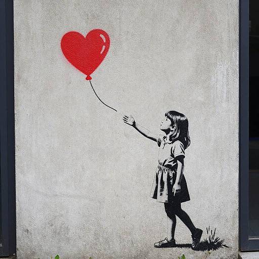 Girl Reaching for Red Heart Balloon Street Art