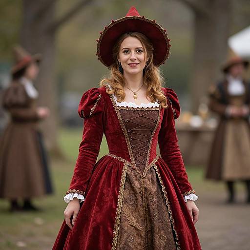Photograph of a smiling woman in a 17th-century-style red velvet dress with lace trim, brown corset, and wide-brimmed hat