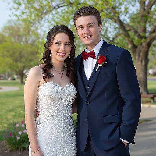 Photograph of a smiling couple; woman in white beaded strapless gown, man in black tuxedo with red bowtie and rose bouton