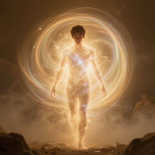 Photograph of a silhouetted figure standing in a fiery, circular light vortex against a dark, smoky, rocky landscape.