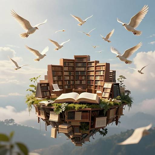 Whimsical digital artwork of a floating library island with open book, surrounded by white doves, set against a bright sky.