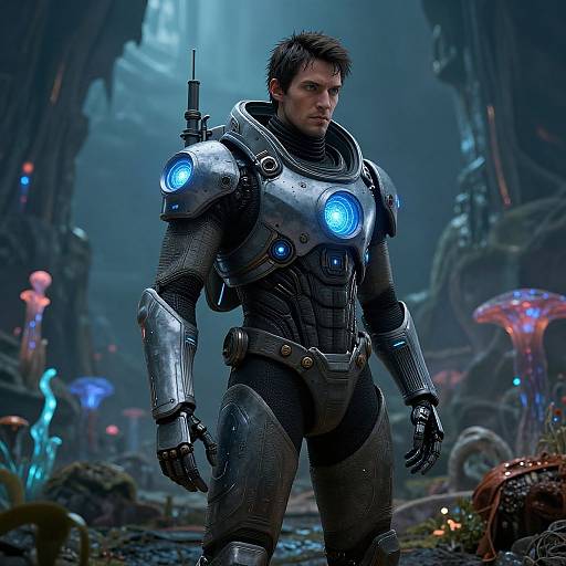 Photorealistic CGI of a muscular man in futuristic, silver armor with glowing blue lights, standing in a neon-lit, alien forest.