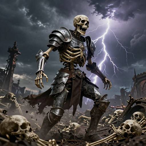 Digital artwork of a skeletal warrior in dark, tattered armor, standing amidst skulls and bones under a lightning-filled, stormy sky.