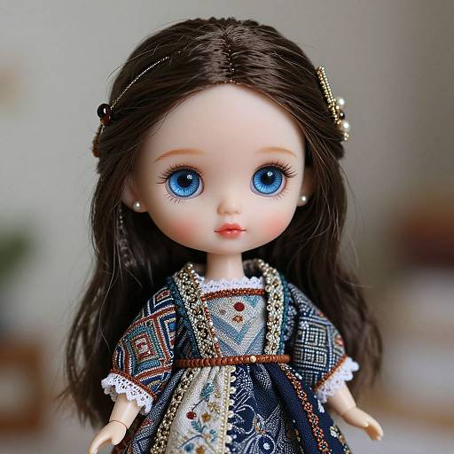 Photograph of a doll with large blue eyes, long dark brown hair, and a detailed, patterned blue and white dress with lace.