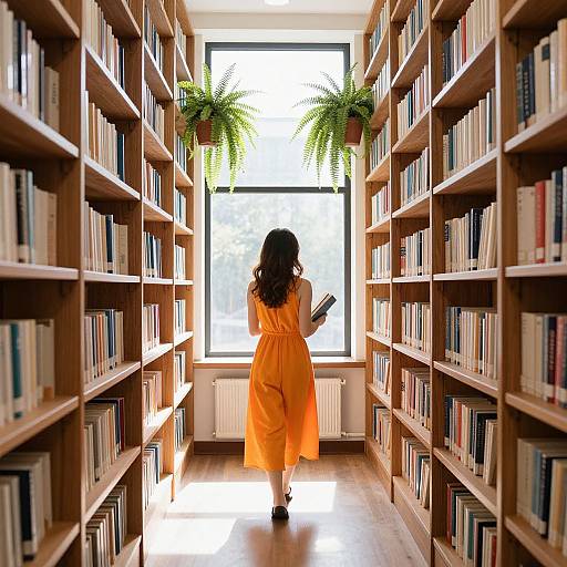 Photograph of a woman in an orange dress, standing in a sunlit library aisle, reading a book, surrounded by wooden bookshelves with p