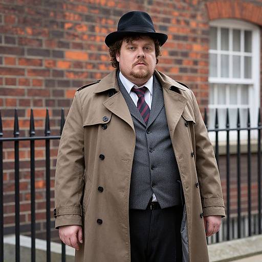Photograph of a bearded man with fair skin, wearing a brown trench coat, black fedora, grey vest, white shirt, and maroon
