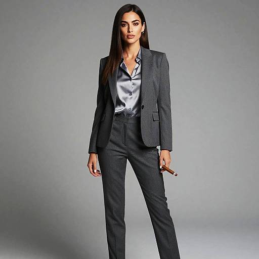 Photograph of a confident woman with long dark hair, wearing a dark gray suit, silver satin blouse, and holding a cigarette, standing against a plain