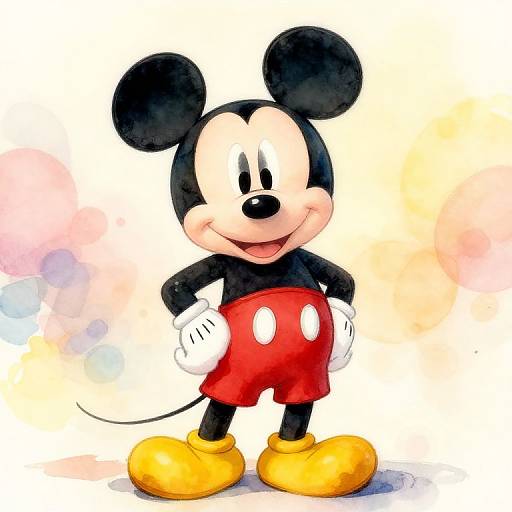 Colorful watercolor drawing of Mickey Mouse, black ears, white face, red shorts, yellow shoes, black gloves, and black tail, smiling confidently
