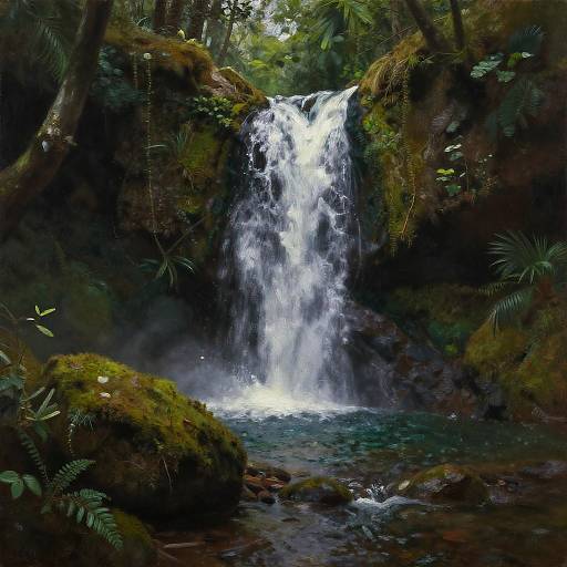 Mossy Forest Waterfall Oil Painting