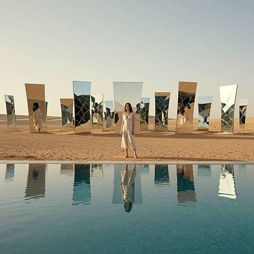 Photograph of a woman in a white dress walking on a sandy beach with reflective mirror panels behind her, and a calm pool in the foreground.