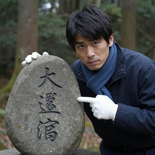 Man Pointing at Japanese Inscribed Stone in Forest