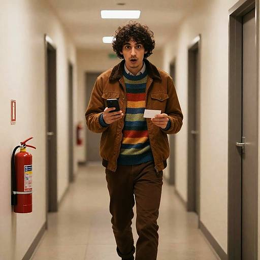 Surprised Man Walking in Hallway