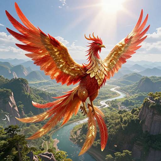 Digital artwork of a vibrant red and orange phoenix with large wings soaring above a lush, mountainous valley with a winding river. Sunlight illuminates the