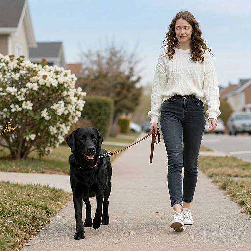 Photograph of a young white woman with wavy brown hair, wearing a white sweater and black jeans, walking a black Labrador on a leash down a