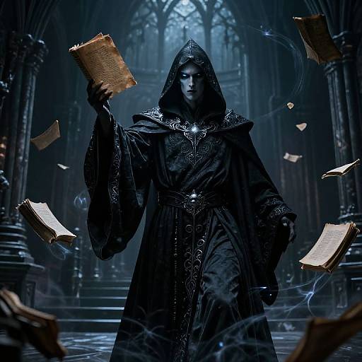 Mysterious hooded figure in ornate black robe holds an ancient book, surrounded by floating pages in a dark, Gothic cathedral.