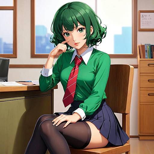 Anime-style digital drawing of a green-haired girl in a green shirt, red tie, black skirt, and thigh-high stockings, sitting in a bright classroom