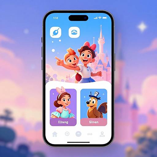 Photograph of a smartphone screen displaying animated characters from Disney's 