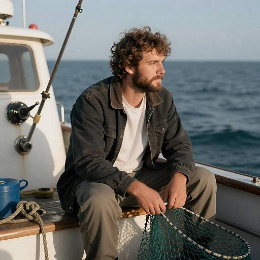 Curly-Haired Fisherman in Sunlit Ocean