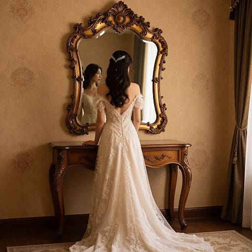 Photograph of a bride in an elegant white lace wedding dress, standing before an ornate gold-framed mirror on a wooden vanity in a warmly lit