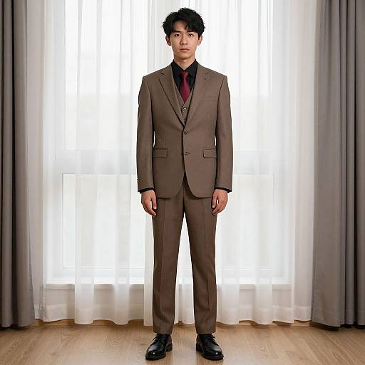 Photograph of an Asian man with short black hair, wearing a brown suit, black shirt, red tie, standing in front of white-curtained
