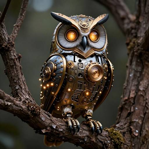 Steampunk Mechanical Owl Perched in Tree