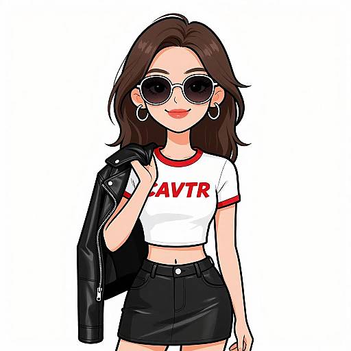 Digital anime-style drawing of a confident woman with brown hair, wearing sunglasses, a white crop top with 