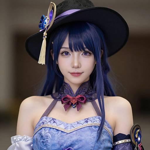 Photograph of an anime-style cosplayer with long blue hair, black hat, blue floral dress, red bow, and ornate arm cuffs, smiling