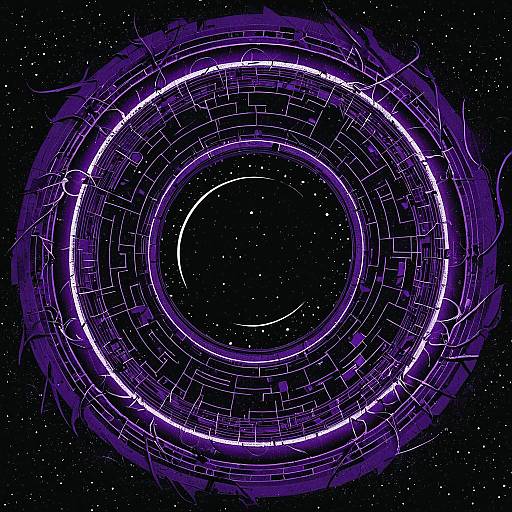 Shattered Moon with Glowing Energy Rings in Space