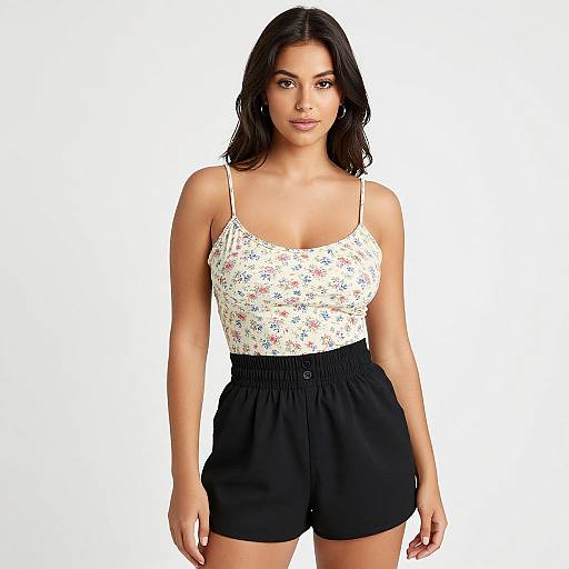 Photograph of a young woman with medium brown skin and black hair, wearing a white floral tank top and black high-waist shorts, standing against