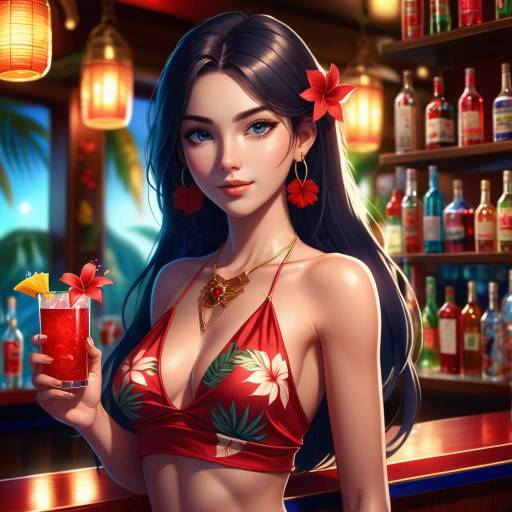 Festive Anime Woman in Tropical Bar
