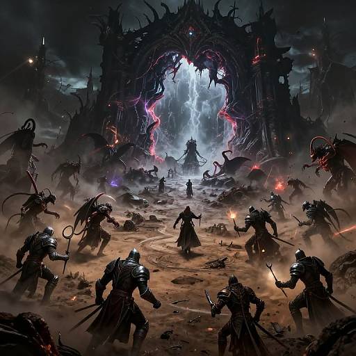Epic fantasy battle scene: dark-armored warriors with glowing red and blue weapons clash in front of a radiant, ominous archway, surrounded by eerie