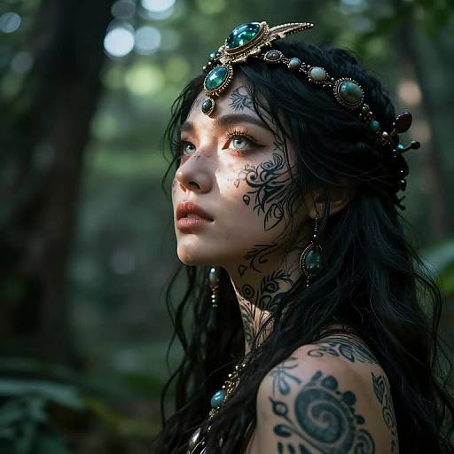Photograph of a tattooed woman with long black hair, wearing a turquoise and gold headpiece, in a sunlit forest, with intricate black tattoos