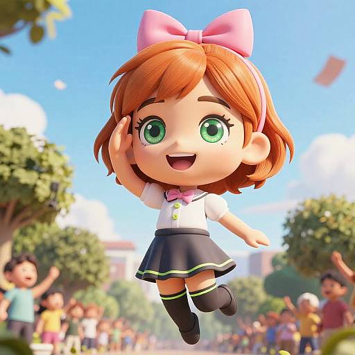 CGI chibi-style girl with green eyes, orange bob hair, pink bow, white sailor top, black skirt, jumping joyfully in sunny park