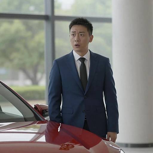 Surprised Businessman Beside Red Car