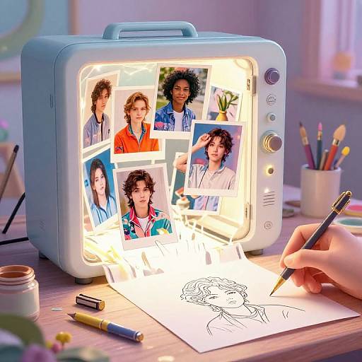 Photograph of a retro TV displaying six portraits of diverse individuals with curly hair, illuminated by soft light, next to a hand sketching on paper with