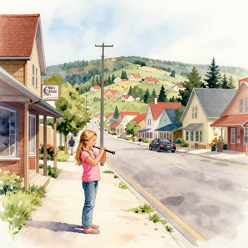 Digital painting of a blonde girl in a pink shirt and jeans, holding a camera, standing on a sunny suburban street with colorful houses and a hillside