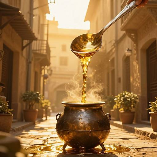 Photograph of golden honey pouring from a spoon into a steaming cauldron on a sunlit, narrow, cobblestone European alleyway with