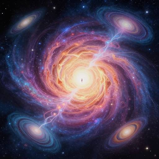Digital artwork of a vibrant, swirling galaxy with a bright, glowing core surrounded by colorful, spiraling arms and four smaller, ringed galaxies in a