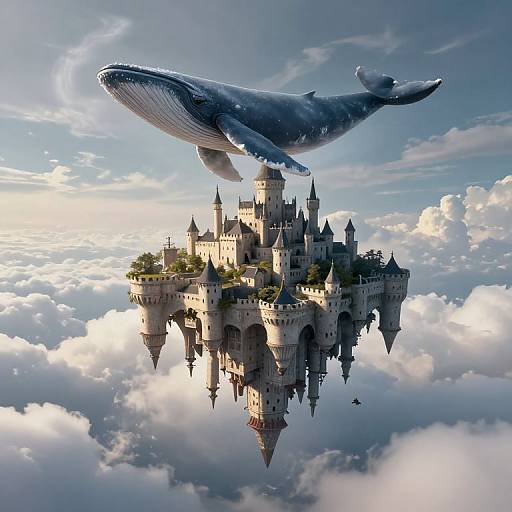 Fantastical CGI image of a floating, medieval castle with intricate towers, surrounded by fluffy clouds, with a large, majestic blue whale soaring above.