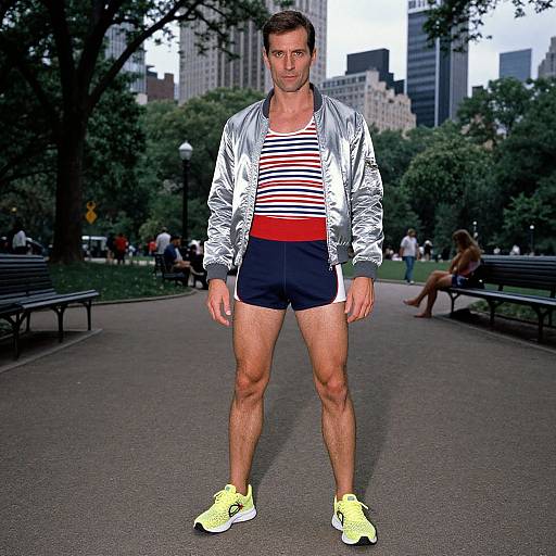 Photograph of a muscular man in a silver jacket, red and white striped shirt, black shorts, and yellow sneakers, standing in a city park with