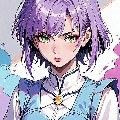 Digital anime-style portrait of a girl with short, purple hair, green eyes, and a blue dress, set against a colorful abstract background.