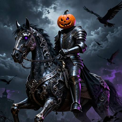 Digital artwork of a knight in silver armor with a pumpkin head, riding a black, ornate horse, under a stormy night sky with flying black