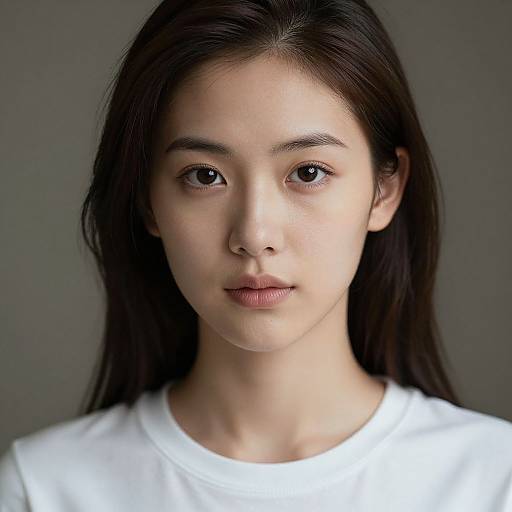 Photograph of a young East Asian woman with long black hair, fair skin, and brown eyes, wearing a white shirt, against a gray background.