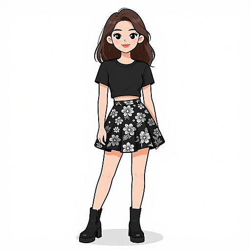 Digital anime-style drawing of a young woman with long brown hair, black crop top, black floral skirt, and black ankle boots.