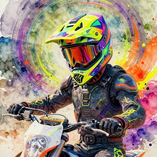Vibrant digital artwork of a motorcyclist in neon helmet and gear, holding a bike, with colorful abstract background and dynamic light patterns.