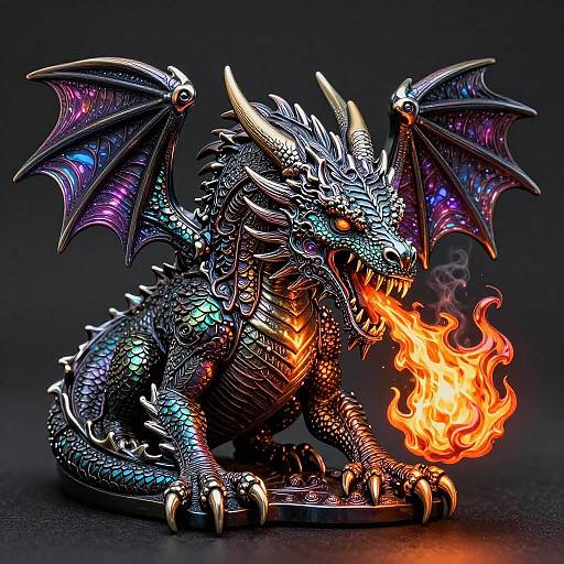 Digital artwork of a metallic, bioluminescent dragon with purple and blue scales, fiery orange breath, and glowing wings, set against a dark background