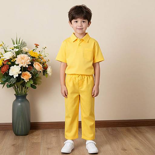 Photograph of a young boy with short brown hair in a bright yellow polo and pants, standing in front of a beige wall with a large green vase