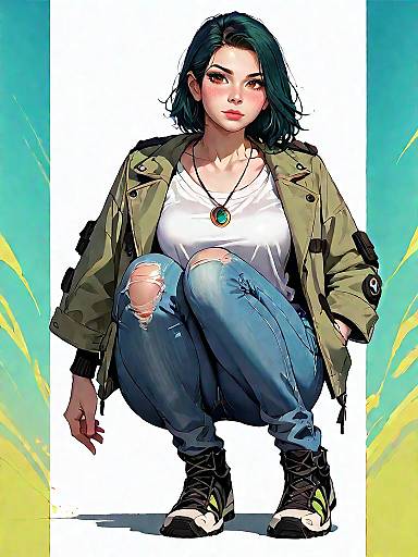 Young Woman in Casual Outfit Squatting